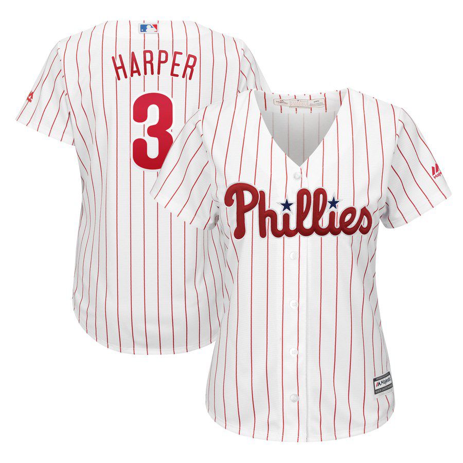 2019 MLB women Philadelphia Phillies #3 Bryce Harper white red strips Jerseys->youth mlb jersey->Youth Jersey